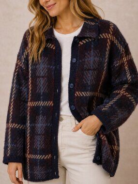 Vintage Mohair Blend Plaid Oversized Cardigan Sweater Navy Burgundy Tan M